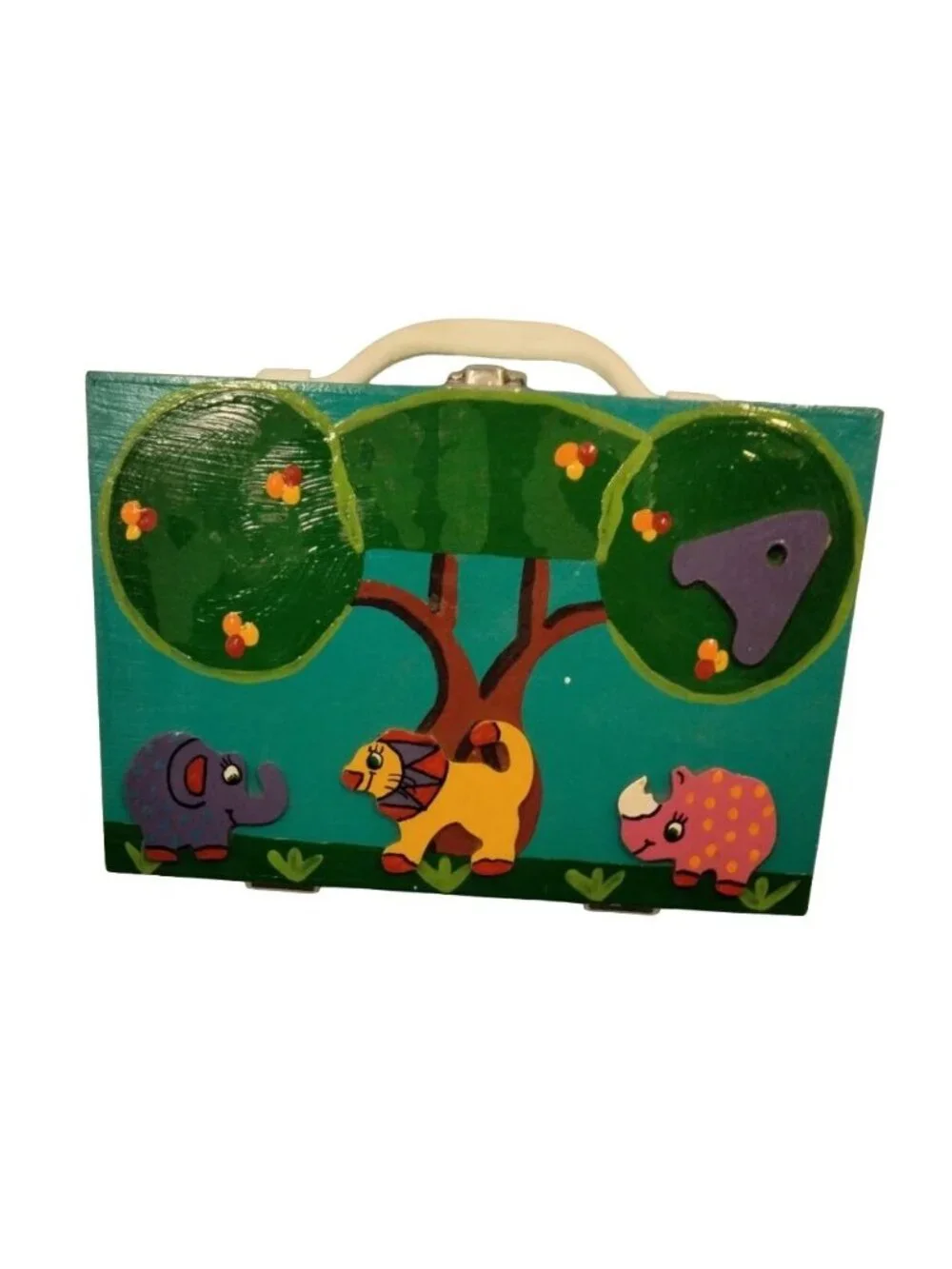 Hand Painted Wood Lunchbox Hippos Storage Box Africa Scene Handmade Blue 3D